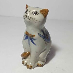 Tonala Mexican Folk Art Pottery Cat Figurine Blue Flowers